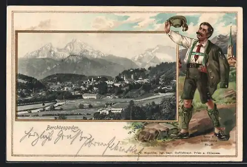 Passepartout-Lithographie Berchtesgaden, Ortsansicht gegen das Gebirge, Bayer in Tracht