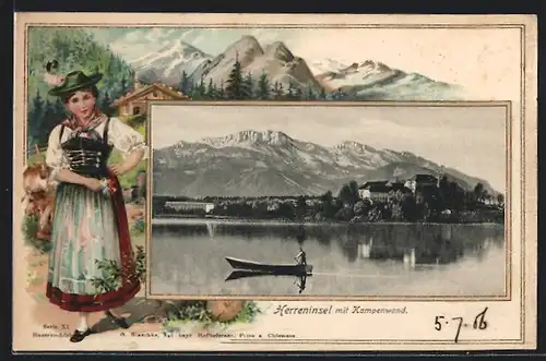 Passepartout-Lithographie Herreninsel, Panorama mit Kampenwand, Bauernmädchen in Tracht