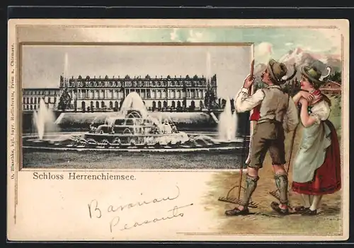 Passepartout-Lithographie Herrenchiemsee, Schloss und Springbrunnen, Bayerisches Paar in Tracht