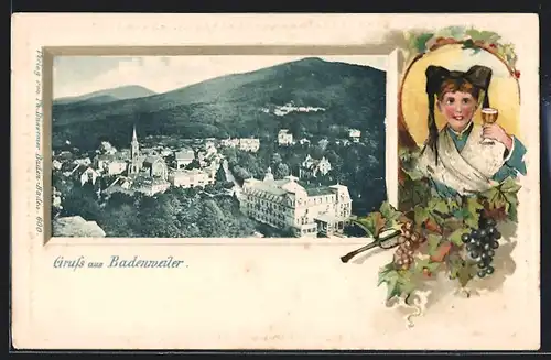 Passepartout-Lithographie Badenweiler, Panorama, Badenerin mit Weinglas