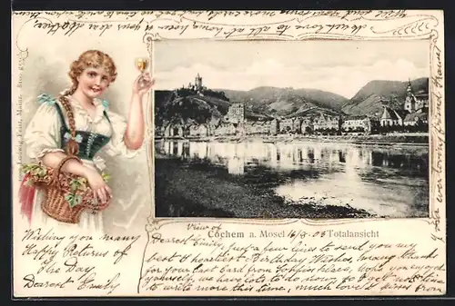 Passepartout-Lithographie Cochem a. Mosel, Panorama, Mädchen mit Weinglas