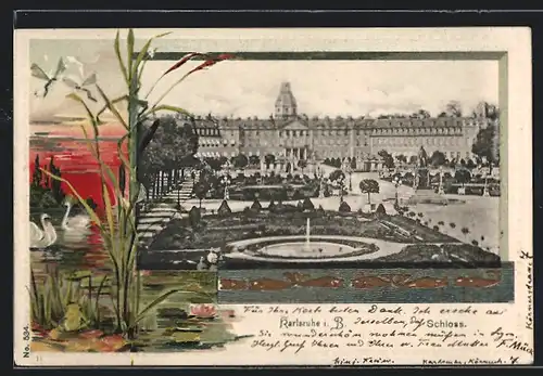 Passepartout-Lithographie Karlsruhe i. B., Schloss, Abendstimmung am See