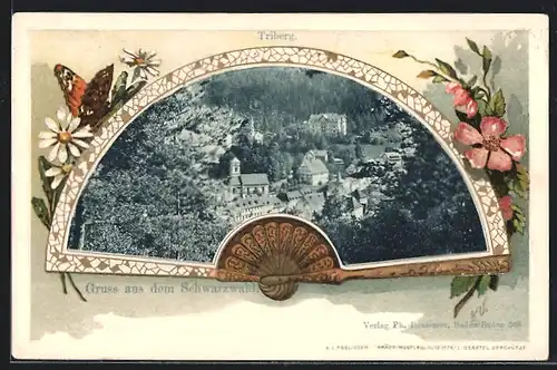 Passepartout-Lithographie Triberg /Schwarzwald, Teilansicht aus der Vogelschau, Fächer und Schmetterlinge