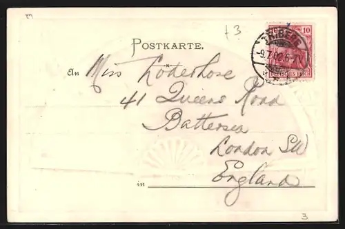 Passepartout-Lithographie Triberg /Schwarzwald, Teilansicht aus der Vogelschau, Fächer und Schmetterlinge