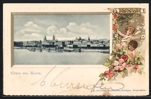 Passepartout-Lithographie Mainz, Blick vom Rhein auf die Stadt, Kinder mit Brief auf Blumenwiese
