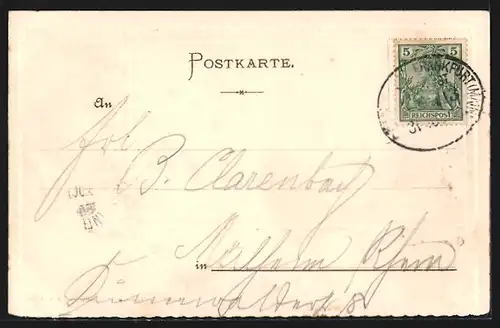 Passepartout-Lithographie Mainz, Blick vom Rhein auf die Stadt, Kinder mit Brief auf Blumenwiese