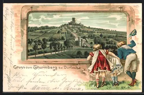 Passepartout-Lithographie Durlach, Panorama vom Thurmberg, Kinder an Mauer