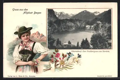 Passepartout-Lithographie Oberstdorf, Freibergsee von Norden, Allgäuerin in Tracht