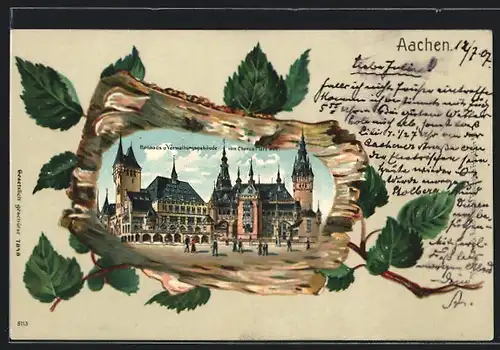 Passepartout-Lithographie Aachen, Rathaus und Verwaltungsgebäude vom Chorus-Platz aus, Birkenrinde