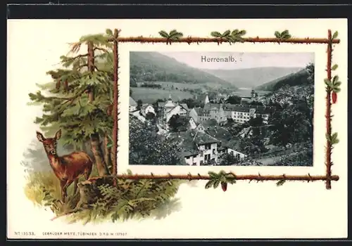 Passepartout-Lithographie Herrenalb, Teilansicht mit Blick ins Land, Reh am Waldrand