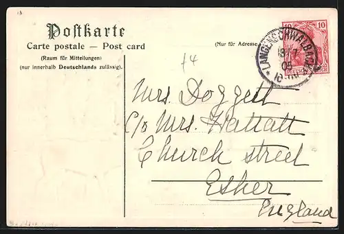 Passepartout-Lithographie Schlangenbad, Ortsansicht mit umliegenden Wäldern, röhrender Hirsch