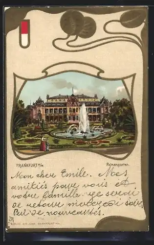 Passepartout-Lithographie Frankfurt-Westend, Ansicht vom Palmengarten, Jugendstil-Passepartout