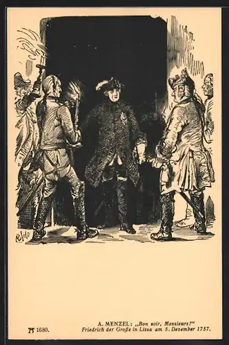 Künstler-AK Lissa, König Friedrich II. (der Grosse) mit österr. Offizieren 1757