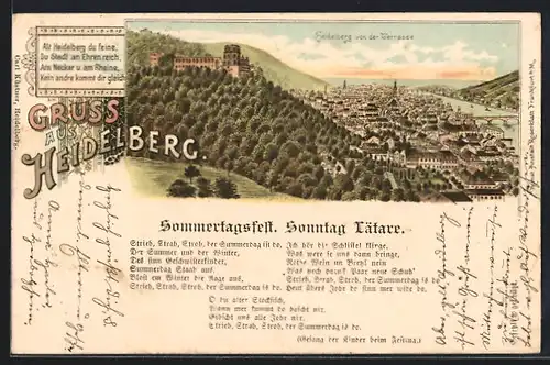 Lithographie Heidelberg, Ortsansicht von der Terrasse, Sommertagsfest