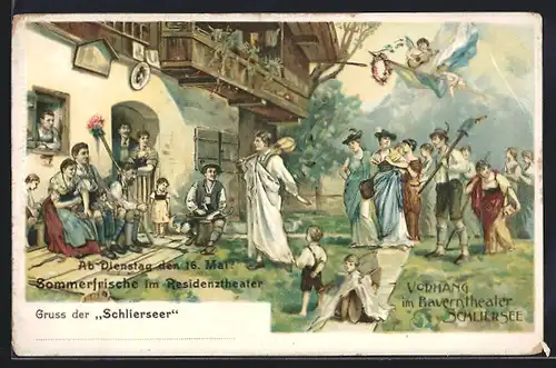 Künstler-AK Vorhang im Bauerntheater Schliersee, Trachtenkapelle Schlierseer im Neuen Theater am Schiffbauerdamm