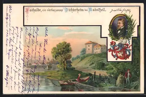 Lithographie Radolfzell, Verlassenes Dichterheim Seehalde, Uferpartie