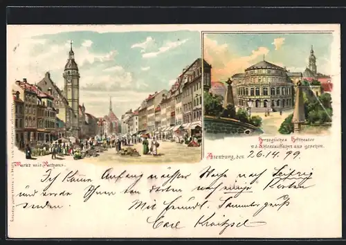 Lithographie Altenburg, Markt mit Rathaus, Herzogliches Hoftheater von der Schlossauffahrt aus gesehen