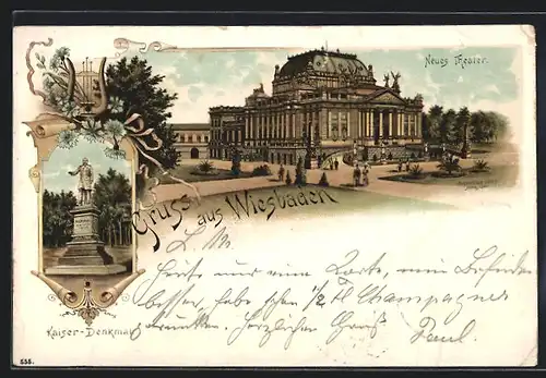 Lithographie Wiesbaden, Blick auf neues Theater und Kaiser-Denkmal, Vorläufer 1895