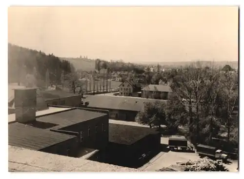 4 Fotografien Hess, Darmstadt, Ansicht Baienfurt, Papierfabrik, Werksgelände, Materiallager, Strassenansicht