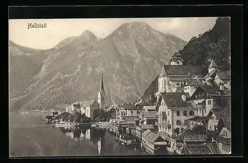 AK Hallstatt, Blick auf die Häuser am Seeufer mit der Kirche