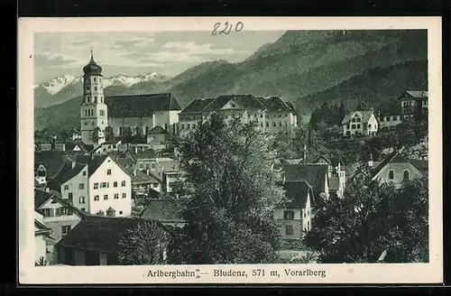 AK Bludenz, Ortspartie mit Kirche aus der Vogelschau