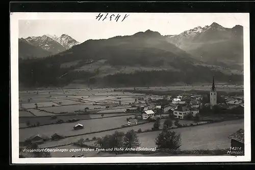 Foto-AK Piesendorf im Oberpinzgau, Totalansicht mit Kirche gegen Tenn und Hohe Arche