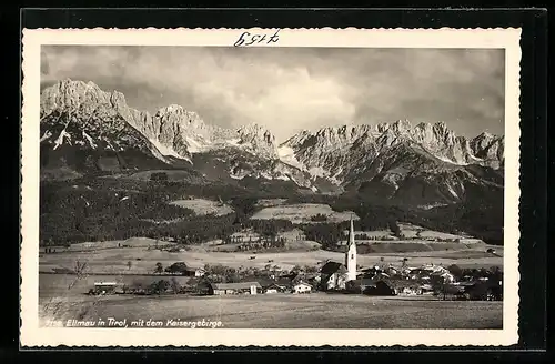 AK Ellmau in Tirol, Gesamtansicht mit der Kirche gegen das Kaisergebirge