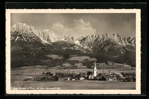 AK Ellmau in Tirol, Blick zur Kirche und auf den Ort, das Kaisergebirge