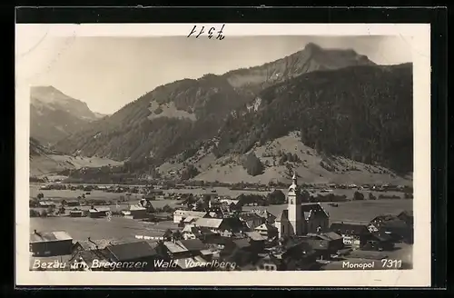 AK Bezau im Bregenzer Wald, Blick auf die gesamte Ortschaft mit der Kirche