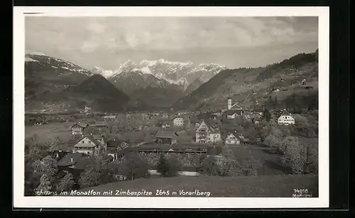 AK Schruns im Montafon, Ortstotale mit Blick zur Zimbaspitze