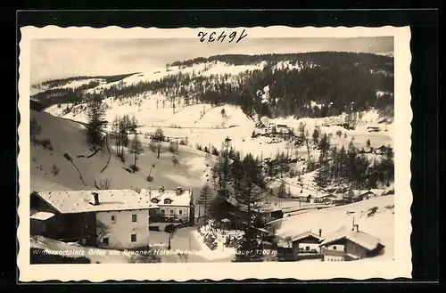 AK Gries am Brenner, Hotel Pension im Schnee mit Talpanorama