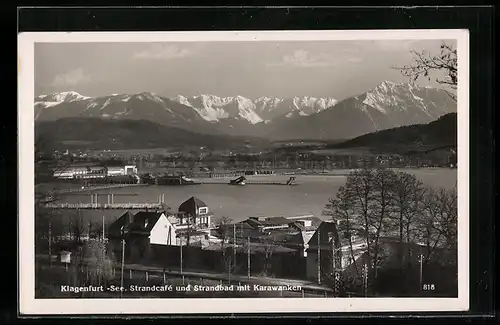 AK Klagenfurt, das Strandcafe und Strandbad am Seeufer, Blick auf Karawanken