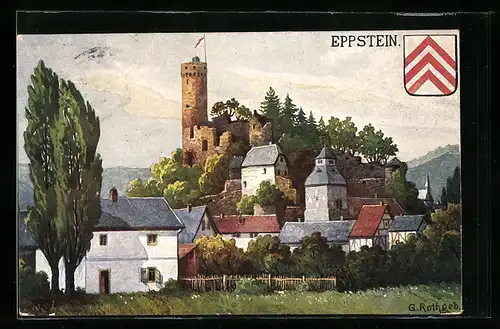 Künstler-AK Eppstein, Burgruine mit Häusern und Wappen