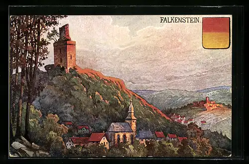 Künstler-AK Falkenstein i.T., Ortsansicht mit Burgruine