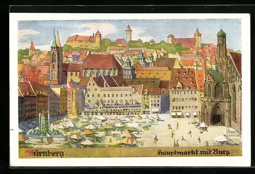 Künstler-AK Nürnberg, Hauptmarkt mit Burg