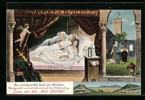 AK Sage: Der zwiebeweibte Graf von Gleichen, Engel hebt Vorhang zum Schlafgemach des Grafen, Die Drei Gleichen