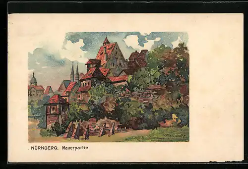 Künstler-AK Nürnberg, Mauerpartie mit Blick auf die Stadt
