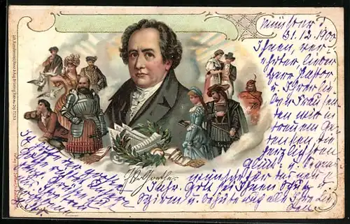 AK Goethe, neben ihm Mann in Rüstung, Frau mit Bibel und weitere Menschen
