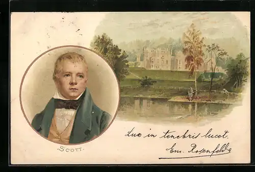 Lithographie Walter Scott, Portrait und Anwesen