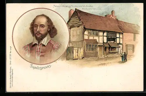 Lithographie Shakespeare, Portrait und Haus