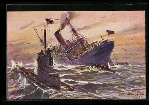 Künstler-AK Stoewer: Vernichtung eines englischen Handelsdampfers durch ein deutsches U-Boot