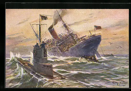 Künstler-AK Stoewer: Vernichtung eines englischen Handelsdampfers durch ein deutsches U-Boot