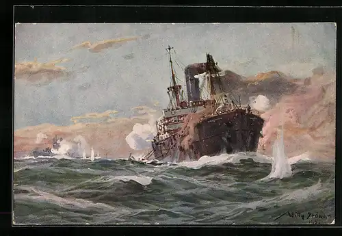Künstler-AK Willy Stoewer: U-Boot-Spende 1917, Deutsches U-Boot im Gefecht...