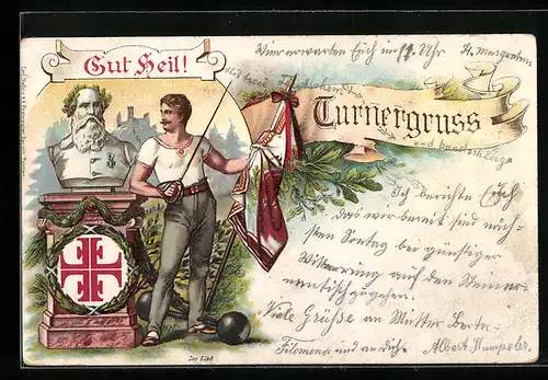Lithographie Büste von Turnvater Jahn, Turner mit Fahne und Degen, Wappen