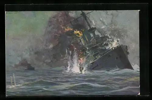 Künstler-AK Hans Rudolf Schulze: Deutsches Unterseeboot versenkt das engl. Linienschiff Formidable