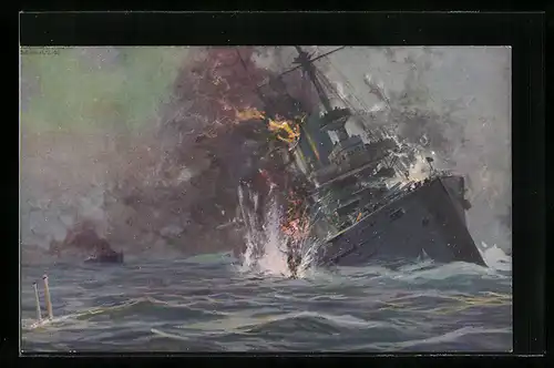 Künstler-AK Hans Rudolf Schulze: Deutsches U-Boot vesenkt das englische Linienschiff Formidable