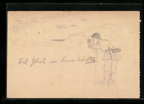 Künstler-AK Handgemalt: Soldat im Schützengraben, Neujahresgrüsse 1916