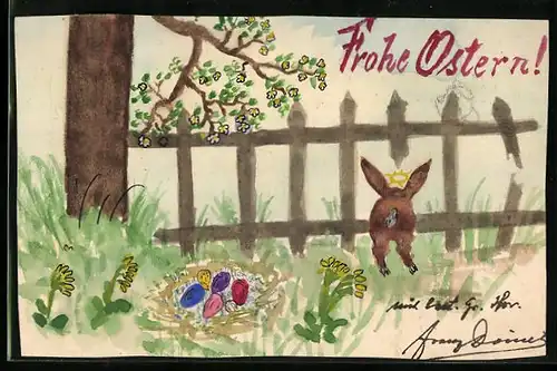 Künstler-AK Handgemalt: Osterhase klettert durch den Zaun, Glückwunsch Frohe Ostern