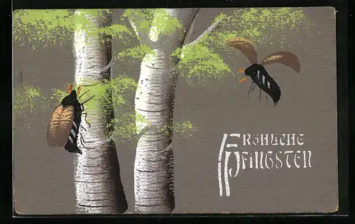 Künstler-AK Handgemalt: Maikäfernam Birkenstamm und Glückwunsch zu Pfingsten