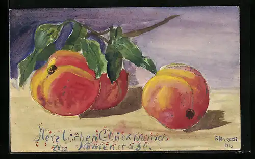 Künstler-AK Handgemalt: Glückwunsch zum Namenstag, Obst / Gemüse, Aprikosen
